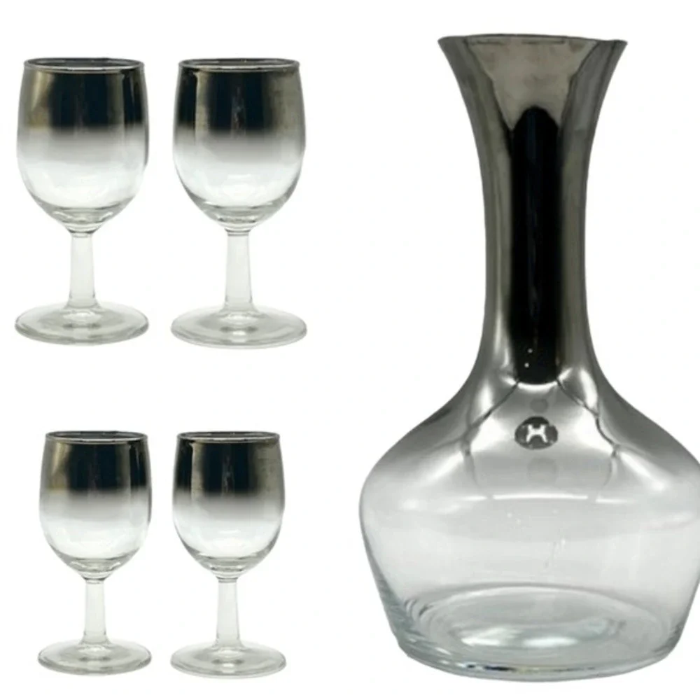 Vintage MCM Silver Ombre Glass Wine Decanter and 4 Stemmed Wine Glasses‎ Barware